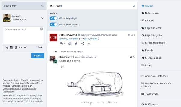 Capture d'écran de l'interface web de Mastodon en version "basique"