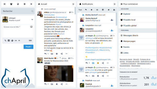 Capture d'écran de l'interface web de Mastodon dans sa version "avancée" : organisation en colonnes à la manière de TweetDeck