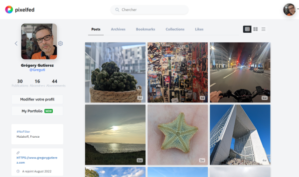 Capture d'écran de mon compte PixelFed le 11 novembre 2022. PixelFed est un réseau social de partage de photos, membre du Fédivers. Comme Mastodon et d'autres, il est fondé sur le protocole ActivityPub.