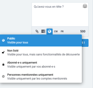 Capture d'écran de l'interface de publication d'un pouet : on peut régler finement la confidentialité du pouet