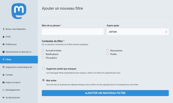 Capture d'écran de la fonctionnalité de filtres dans l'interface Mastodon