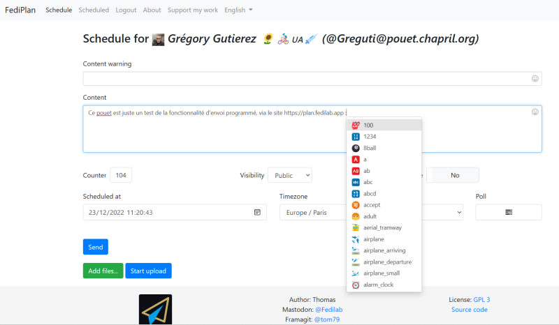 Capture d'écran du site plan.fedilab.app qui permet de programmer l'envoi d'un pouet pour plus tard.