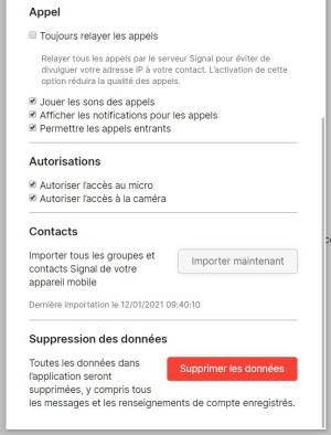 Extrait des paramètres du Signal Desktop : la suppression de toutes les données est à portée de clic.