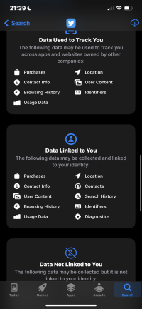 L'application Twitter sur iOS collecte beaucoup de données personnelles de l'usager. L'application Twitter sur iOS collecte beaucoup de données personnelles de l'usager.