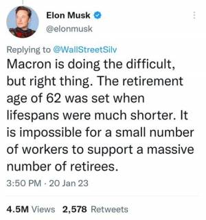 Tweet d'Elon Musk le 20 janvier 2023, le lendemain de la journée de grèves contre la réforme des retraites en France Tweet d'Elon Musk le 20 janvier 2023, le lendemain de la journée de grèves contre la réforme des retraites en France