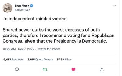 Tweet d'Elon Musk le 7 novembre 2022 au moment des éléctions MidTerms aux USA Tweet d'Elon Musk le 7 novembre 2022 au moment des éléctions MidTerms aux USA